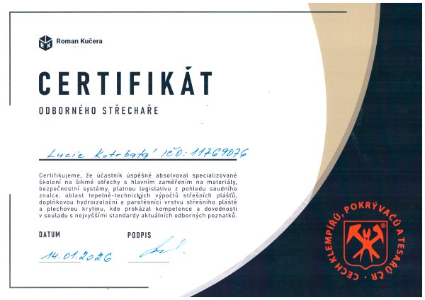 Certifikát odborného střechaře